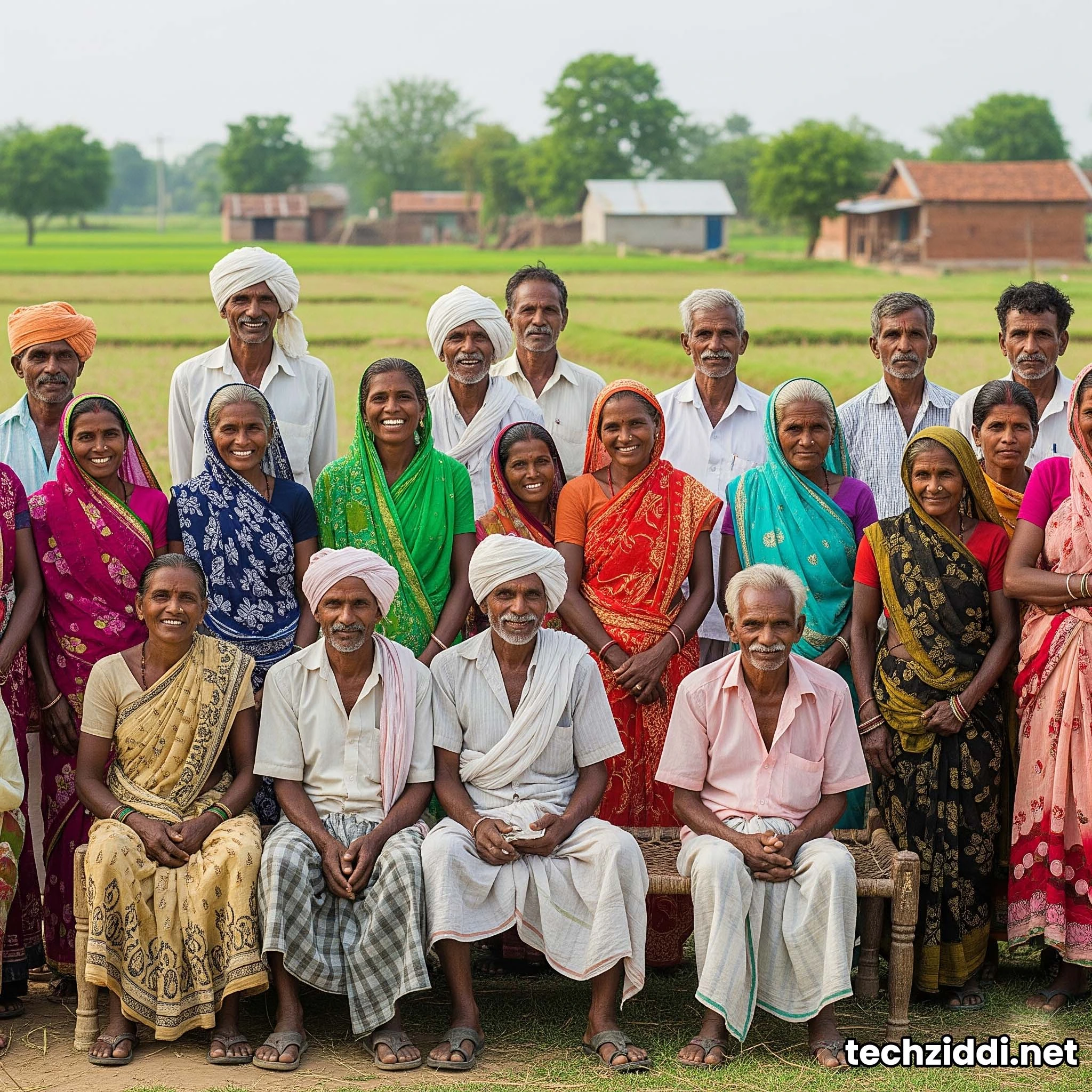 Diverse rural Indian community benefitting from government housing schemes