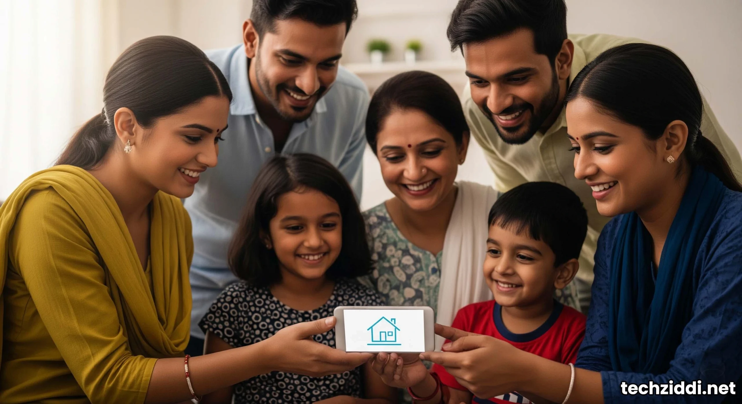 Family happily checking PMAY 2025 list on mobile.