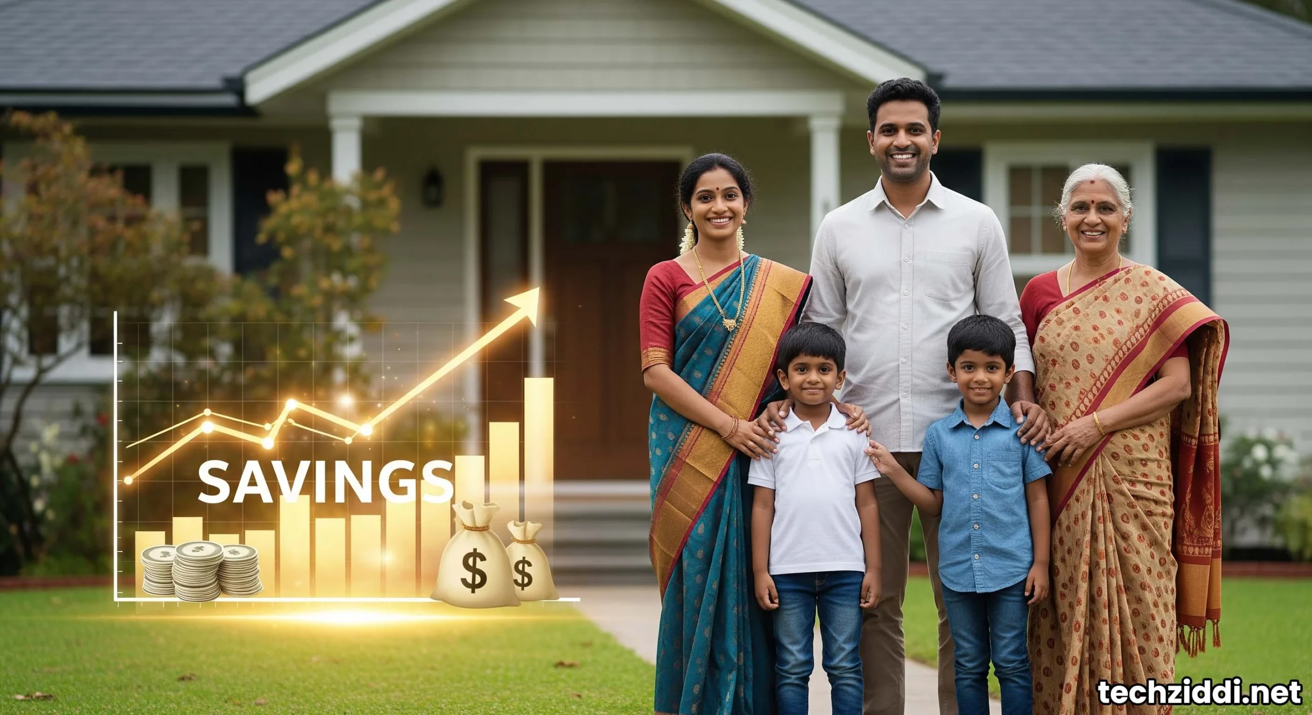Happy Indian family in front of a new home, with financial savings symbols.