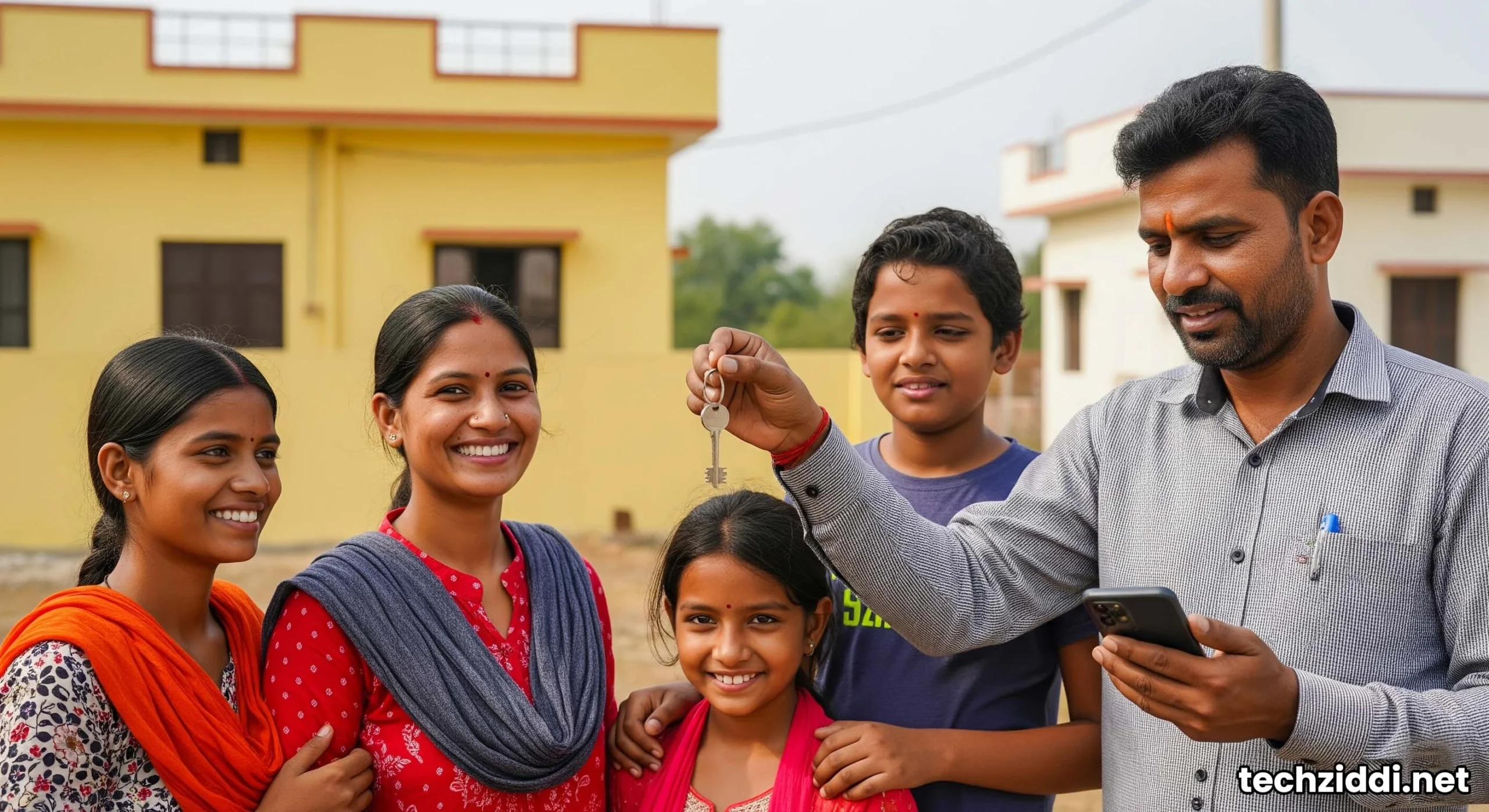 Happy Indian family receiving keys to their new home under PMAY scheme, while one person checks the PMAY list on a mobile phone.