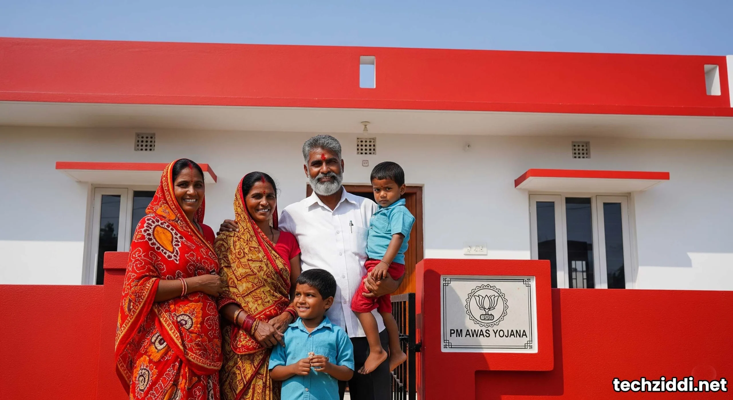 Indian family celebrating in front of their new house, PM Awas Yojana Urban beneficiaries.
