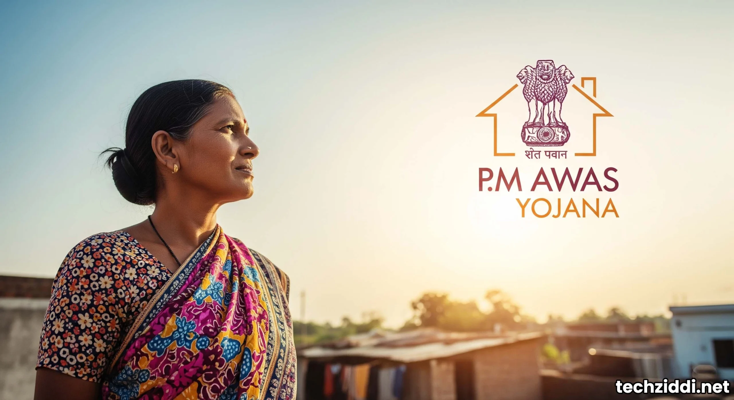 Indian self-employed individual dreaming of home, PM Awas Yojana logo.