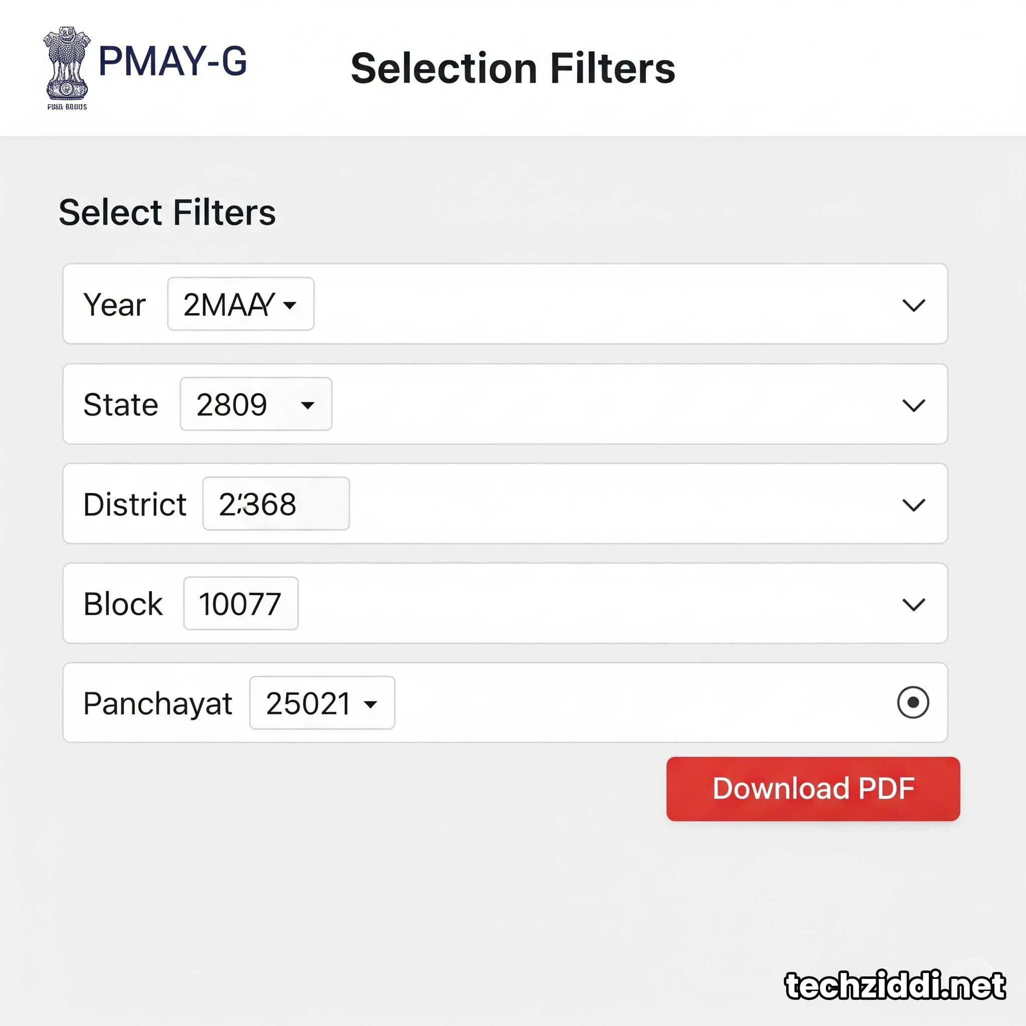 PM Awas Yojana Gramin list download options with selection filters