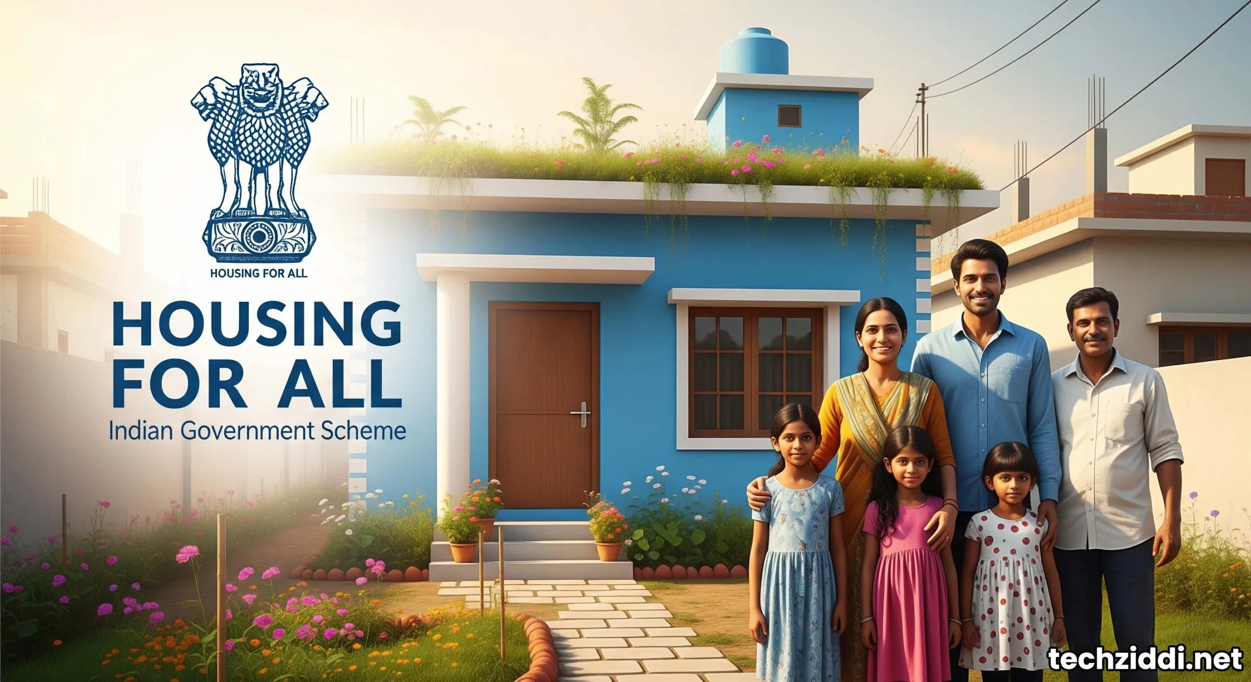 प्रधानमंत्री आवास योजना (PM Awas Yojana) का लोगो और एक घर के सामने खुश परिवार.