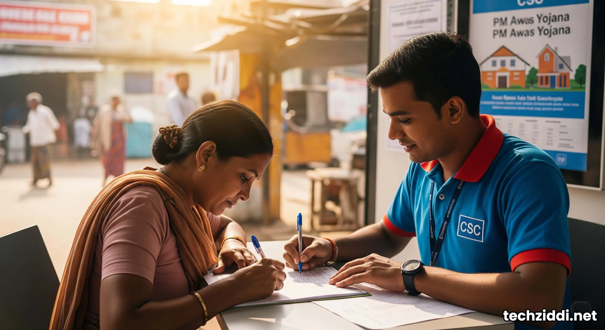 Person at CSC kiosk filling PM Awas Yojana application form.
