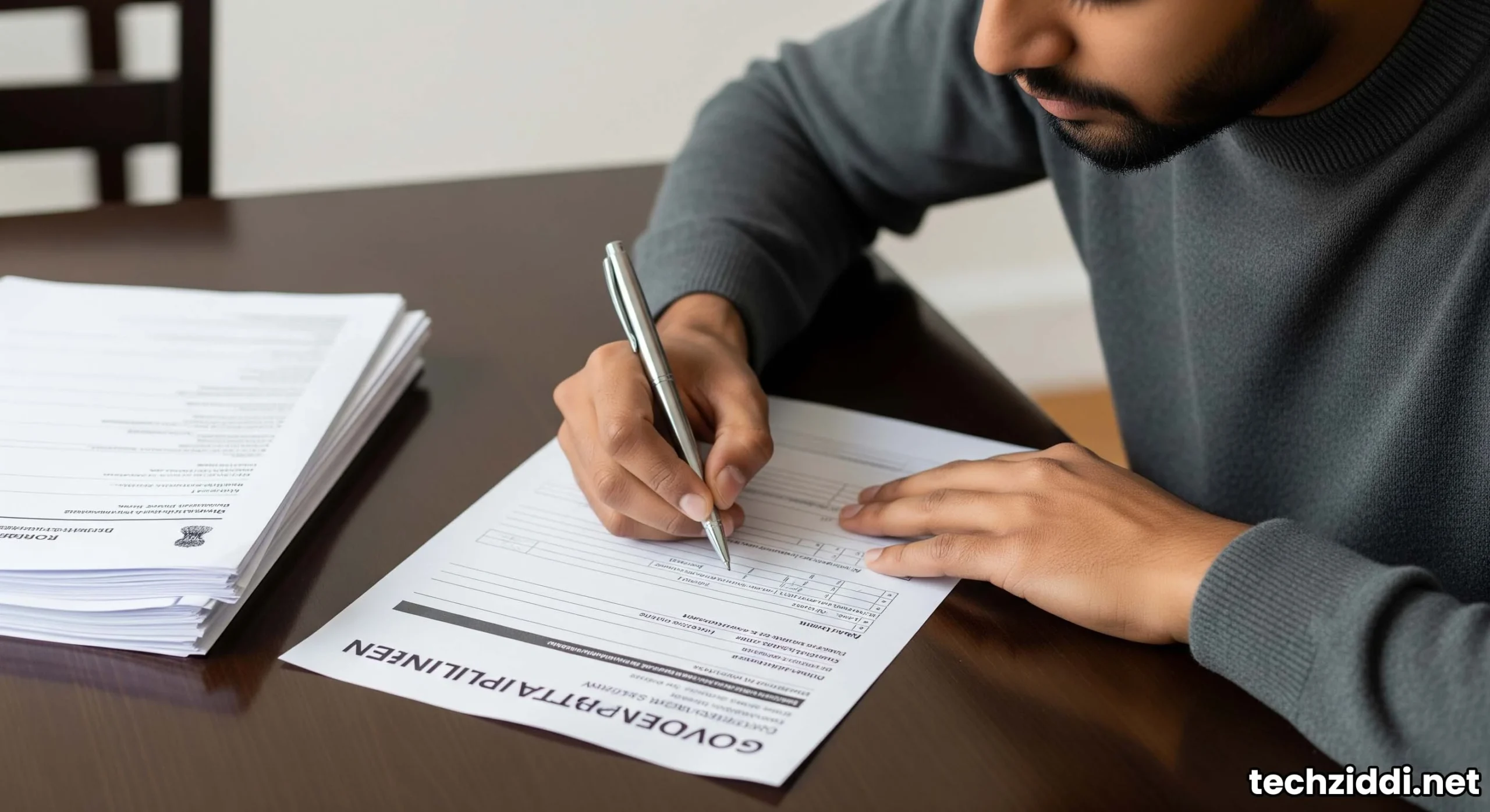 Person carefully filling out a government scheme application form with a pen, surrounded by various documents like Aadhaar card and income certificate, on a wooden table.