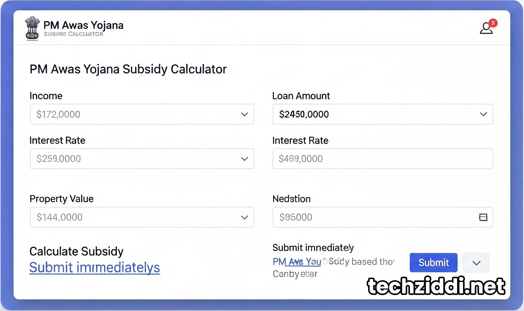 Online PM Awas Yojana home loan subsidy calculation tool.