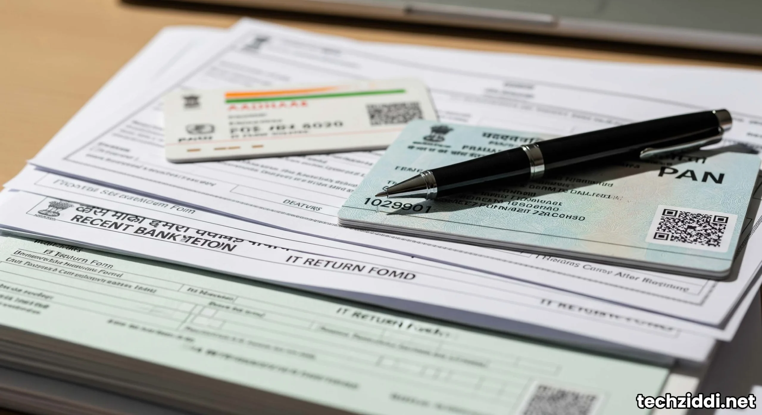 Stack of Indian legal and financial documents for PMAY application.